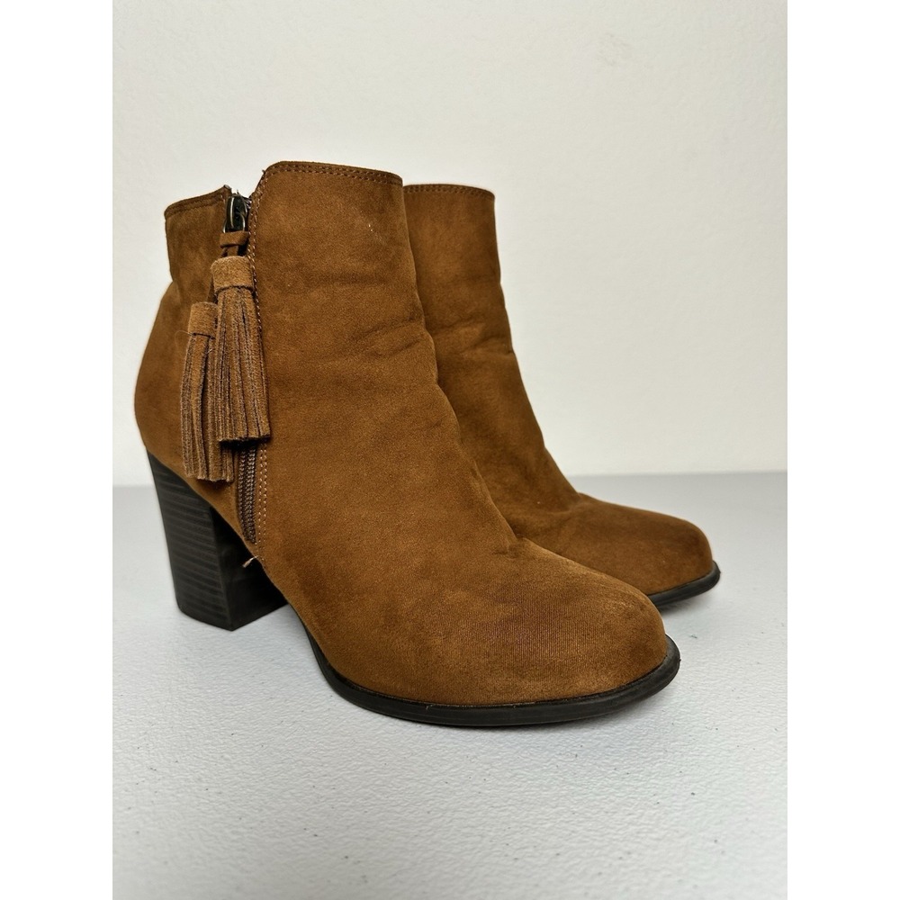 Esprit Brown Tassel Ankle Booties Women 9 Boho Faux Suede Boot Chunky Block Heel